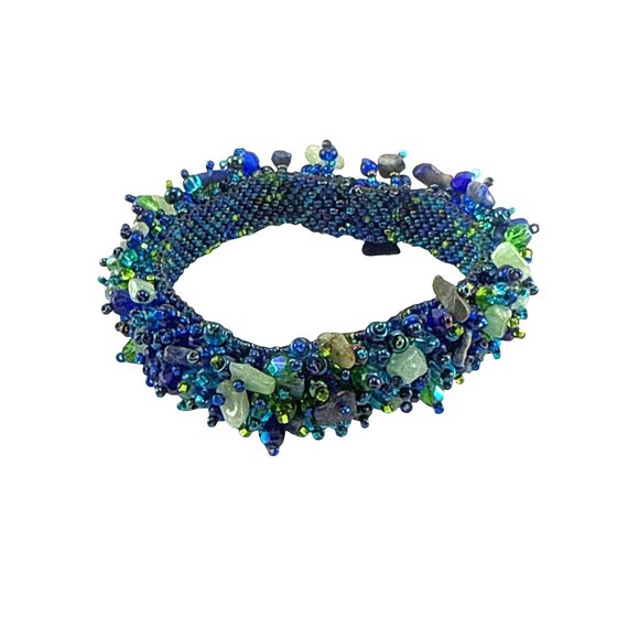 Unbranded Jewelry - Handmade Blue Green Beaded Bracelet with Glass Crystals and Gemstone Chips